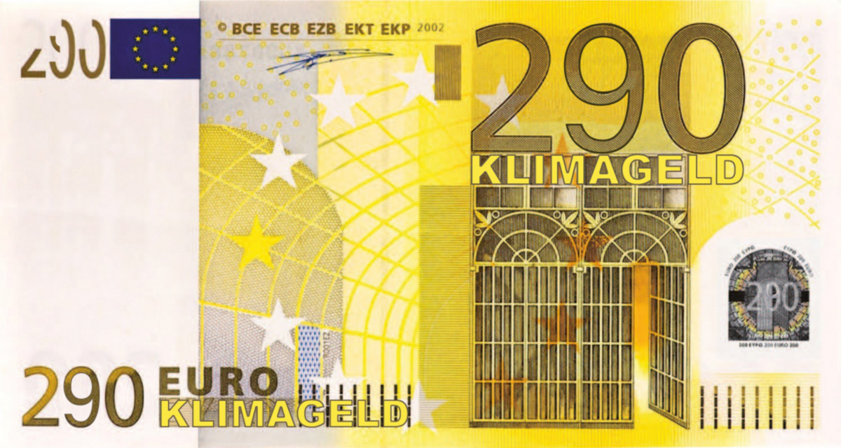 Ein Geldschein im Stil eines 200€ Scheins, auf dem 290€ Klimageld steht.
