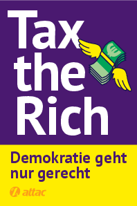 Cover des Flyers mit der Aufschrift "Tax the Rich – Demokratie geht nur gerecht"