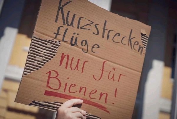 Ein Schild mit der Aufschrift "Kurzstreckenflüge nur für Bienen!" wird in die Kamera gehalten